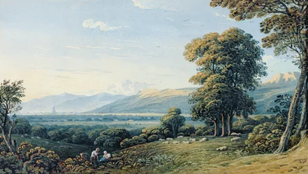 Figuras descansando em uma encosta com uma torre de igreja além, 1825